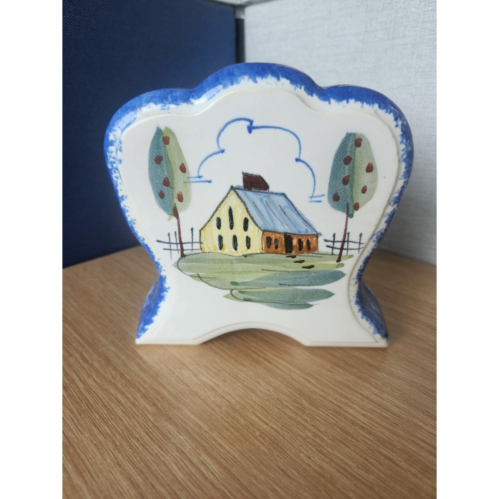 Vintage Bruce Stebnar Art Pottery Ohio Ceramic Cottage Napkin Holder Blue White